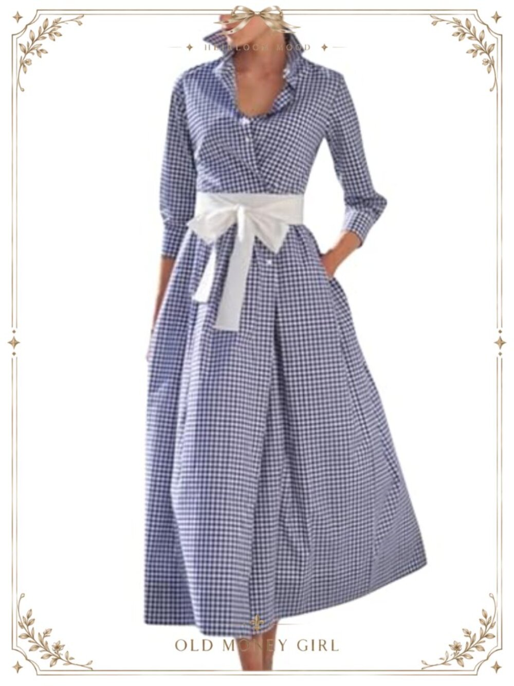 Retro Plaid Button Up Maxi Shirt Dress 3/4 Sleeve Pocketed Belt